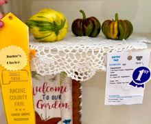 Load image into Gallery viewer, Three decorative candy-cane chocolate cherry peppers on a table, with 'Judge's Choice' and '1st' entry tags, at the Racine County Fair in Union Grove, Wisconsin.