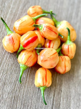 Load image into Gallery viewer, Bunch of small peppa peach peppers with green stems on a wooden surface