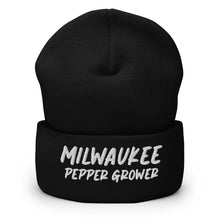 Load image into Gallery viewer, Black beanie with 'Milwaukee Pepper Grower' text on a white background