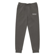 Load image into Gallery viewer, Dark gray sweatpants with a logo on the left leg against a white background