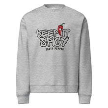 Load image into Gallery viewer, Gray sweatshirt with 'Keep It Spicy Tasty Pepper' text and pepper graphic on a white background