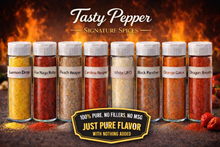 Load image into Gallery viewer, Collection of Tasty Pepper signature spices with fiery background
