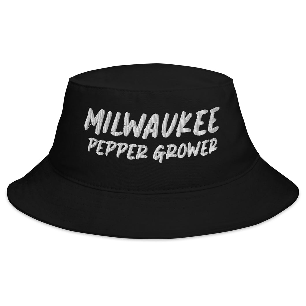 Black bucket hat with 'Milwaukee Pepper Grower' text on a white background