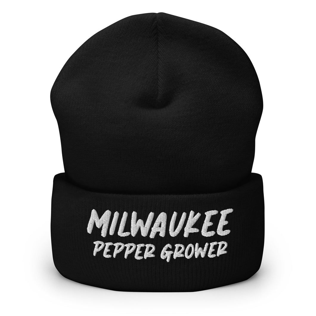 Black beanie with 'Milwaukee Pepper Grower' text on a white background