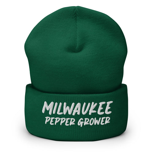 Green beanie with 'Milwaukee Pepper Grower' text on a white background