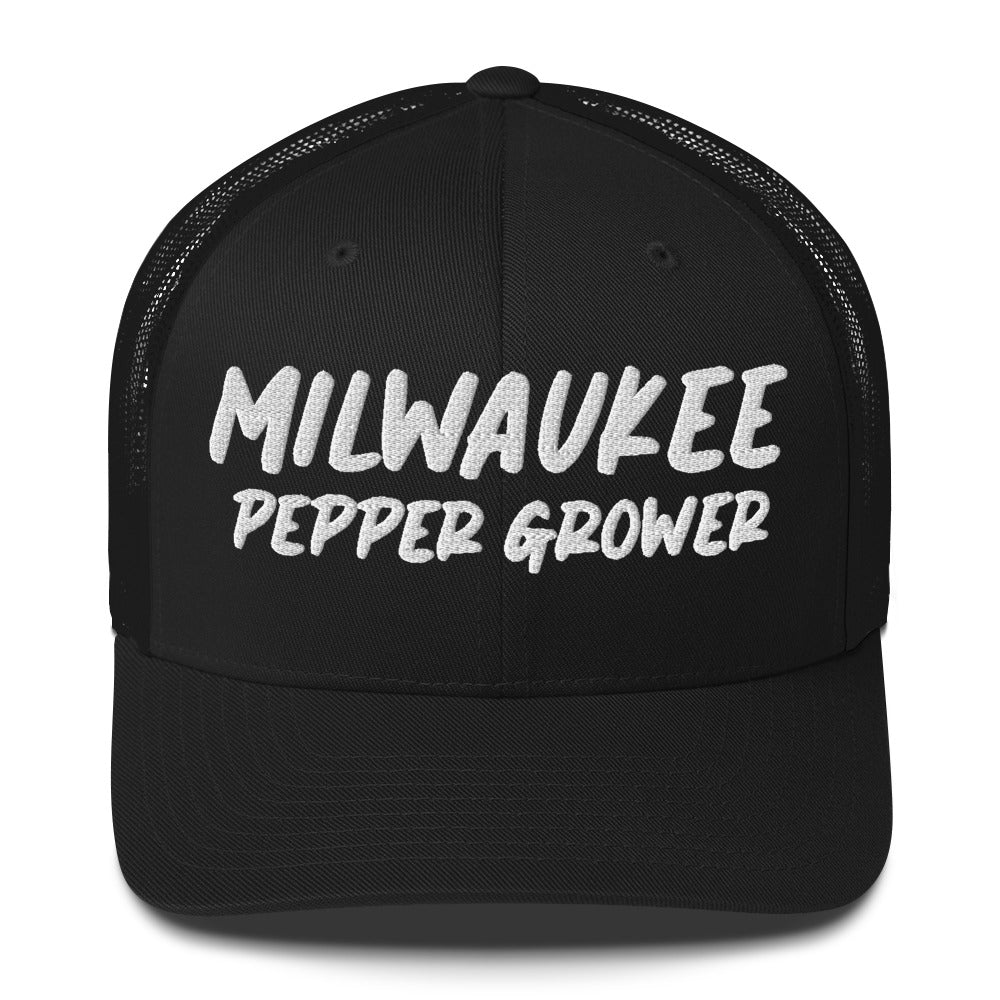 Black cap with 'Milwaukee Pepper Grower' text on a white background