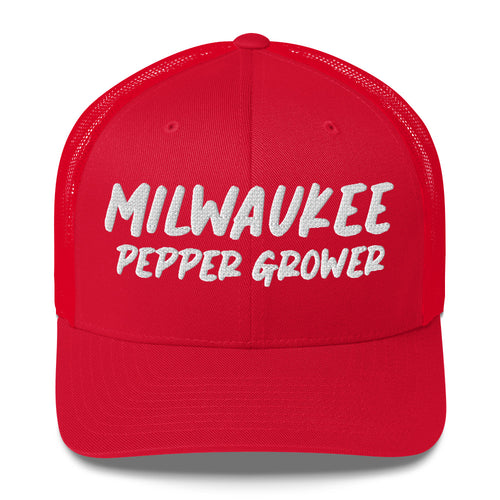 Red cap with 'Milwaukee Pepper Grower' text on a white background