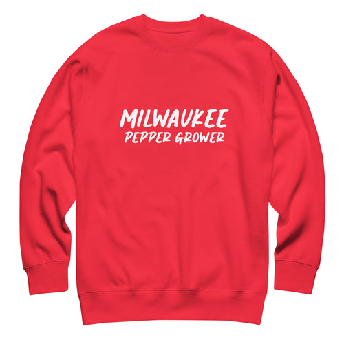 Red sweatshirt with 'Milwaukee Pepper Grower' text on a white background