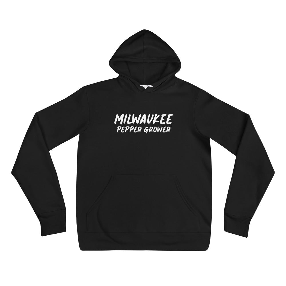 Black hoodie with 'Milwaukee Pepper Grower' text on a white background