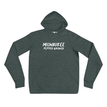 Load image into Gallery viewer, Dark gray hoodie with &#39;Milwaukee Pepper Grower&#39; text on a white background
