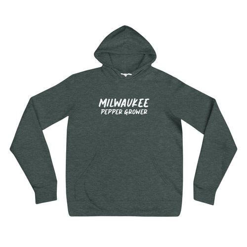 Dark gray hoodie with 'Milwaukee Pepper Grower' text on a white background