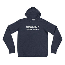 Load image into Gallery viewer, Navy hoodie with &#39;Milwaukee Pepper Grower&#39; text on a white background
