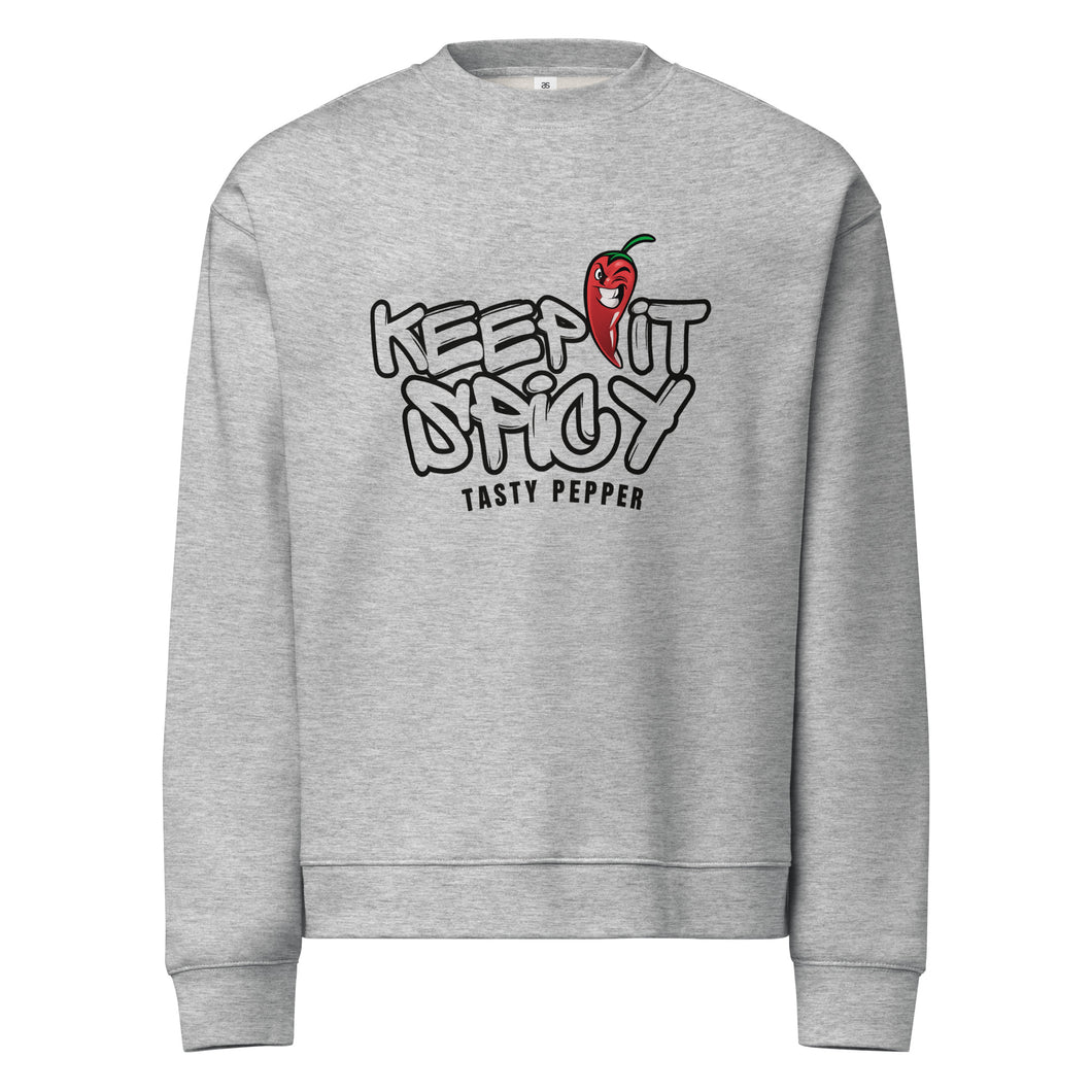 Gray sweatshirt with 'Keep It Spicy Tasty Pepper' text and pepper graphic on a white background