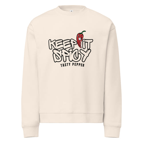 Beige sweatshirt with 'Keep It Spicy Tasty Pepper' graphic on a white background