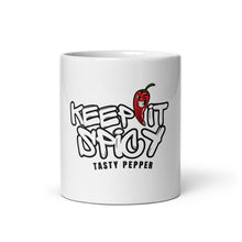 Load image into Gallery viewer, White mug with a red pepper graphic and text &#39;Keep It Spicy Tasty Pepper&#39; on a white background
