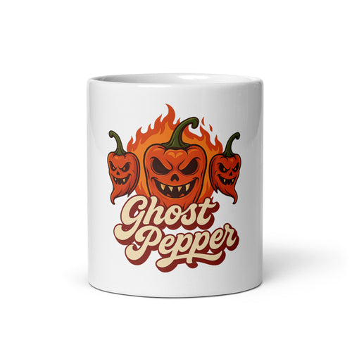 White mug with ghost pepper design and 'Ghost Pepper' text on a white background